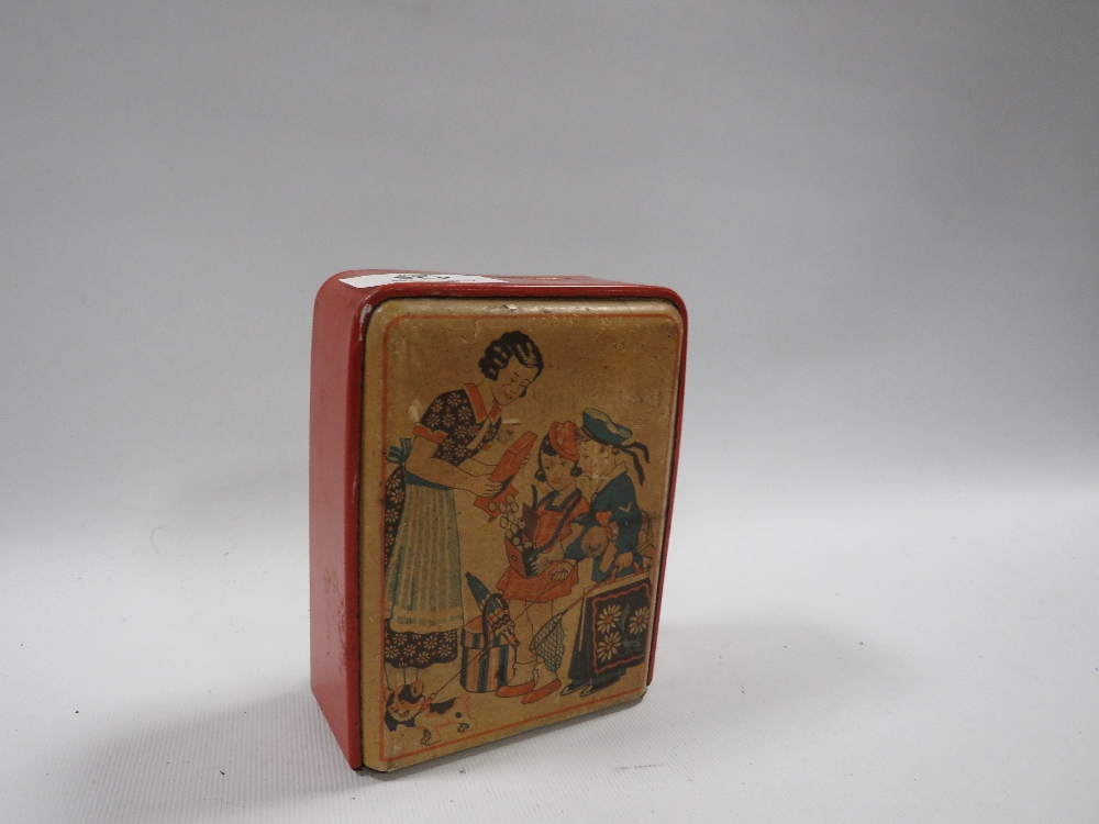 A VINTAGE METAL MONEY BOX WITH CHILDRENS STORY ILLUSTRATION