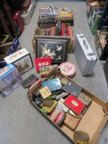 THREE TRAYS OF SUNDRIES TO INCLUDE VINTAGE PHOTO ALBUMS (EMPTY) COLLECTABLE TINS, MAPS ETC