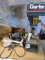 A WORKTOP CLARKE PILLAR DRILL AND A BENCH GRINDER