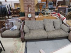 A MODERN UPHOLSTERED BROWN TWO PIECE SUITE - NB: FEET NEED ATTACHING TO ARMCHAIR