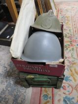 A TRAY OF ASSORTED MILITARY COLLECTABLE'S TO INCLUDE HELMETS, GRENADE CRATE AND A COLLECTION OF