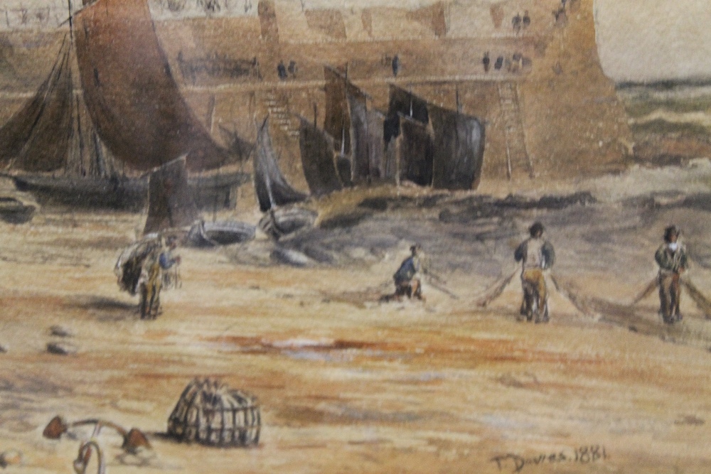 T. DAVIES (XIX). A BEACH SCENE WITH FIGURES, WATERCOLOUR, SIGNED AND DATED 1881, 29.5 X 41.5 CM - Image 2 of 3