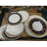 TWO TRAYS OF ASSORTED CERAMICS TO INCLUDE ROYAL DORCHESTER PLATES MARKED AS SECONDS AND GILDED