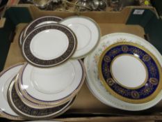 TWO TRAYS OF ASSORTED CERAMICS TO INCLUDE ROYAL DORCHESTER PLATES MARKED AS SECONDS AND GILDED