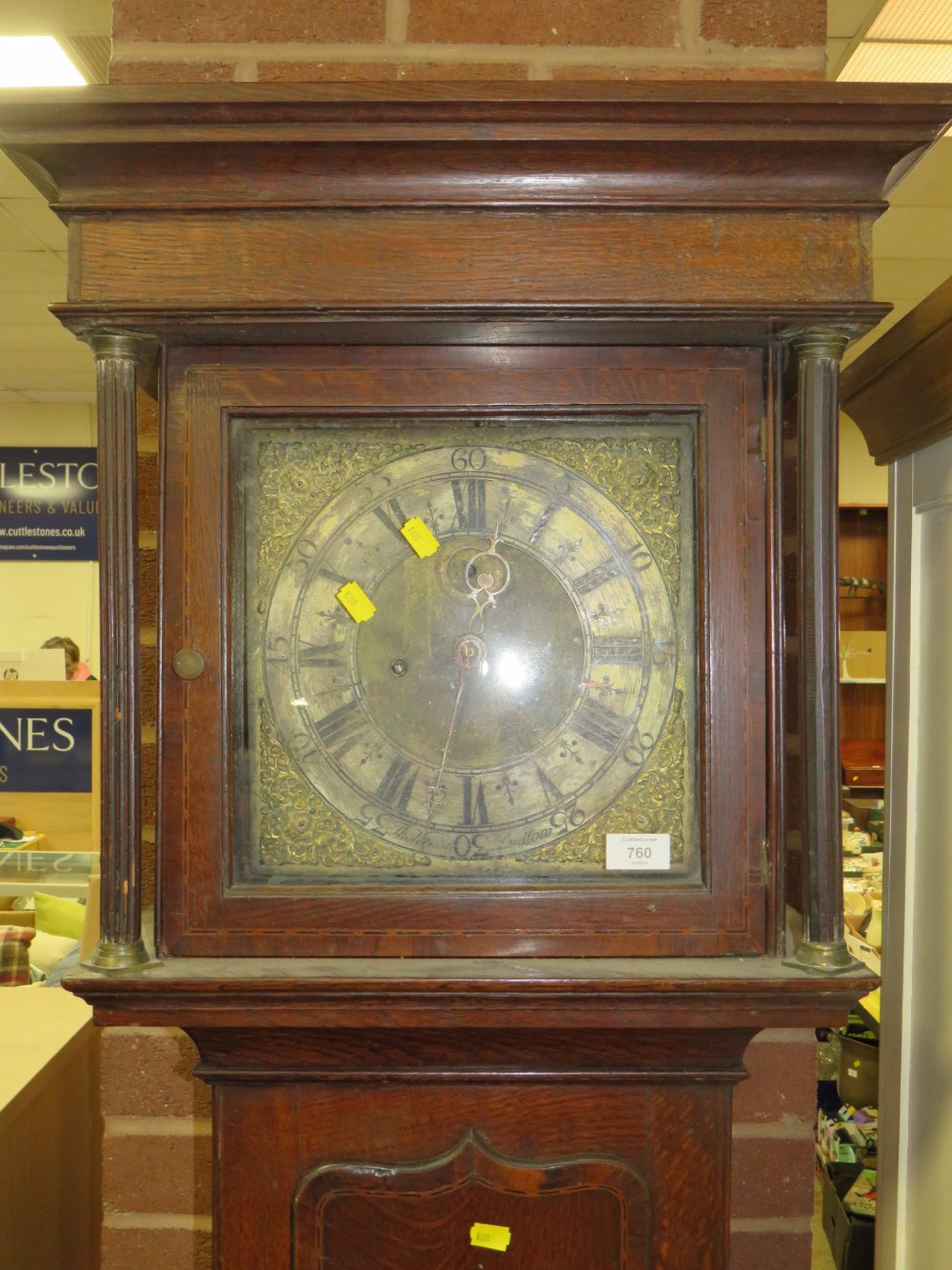 AN ANTIQUE OAK BRASS FACED LONGCASE CLOCK BY THOMAS VERNON OF LUDLOW - WITH EIGHT DAY MOVEMENT - - Image 2 of 9
