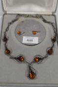 A SHIPTON & CO VINTAGE SILVER AND TEAR DROP AMBER NECKLACE AND EARRING SET IN ORIGINAL BOX