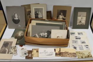 A BOX OF VINTAGE MOSTLY VICTORIAN PHOTOGRAPHS T INCLUDE CDVS, CABINET PHOTOS, MANY EXAMPLES FOR