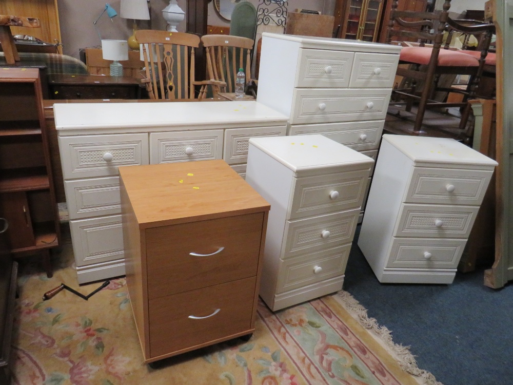 FOUR MODERN WHITE CHESTS AND ANOTHER CHEST (5)