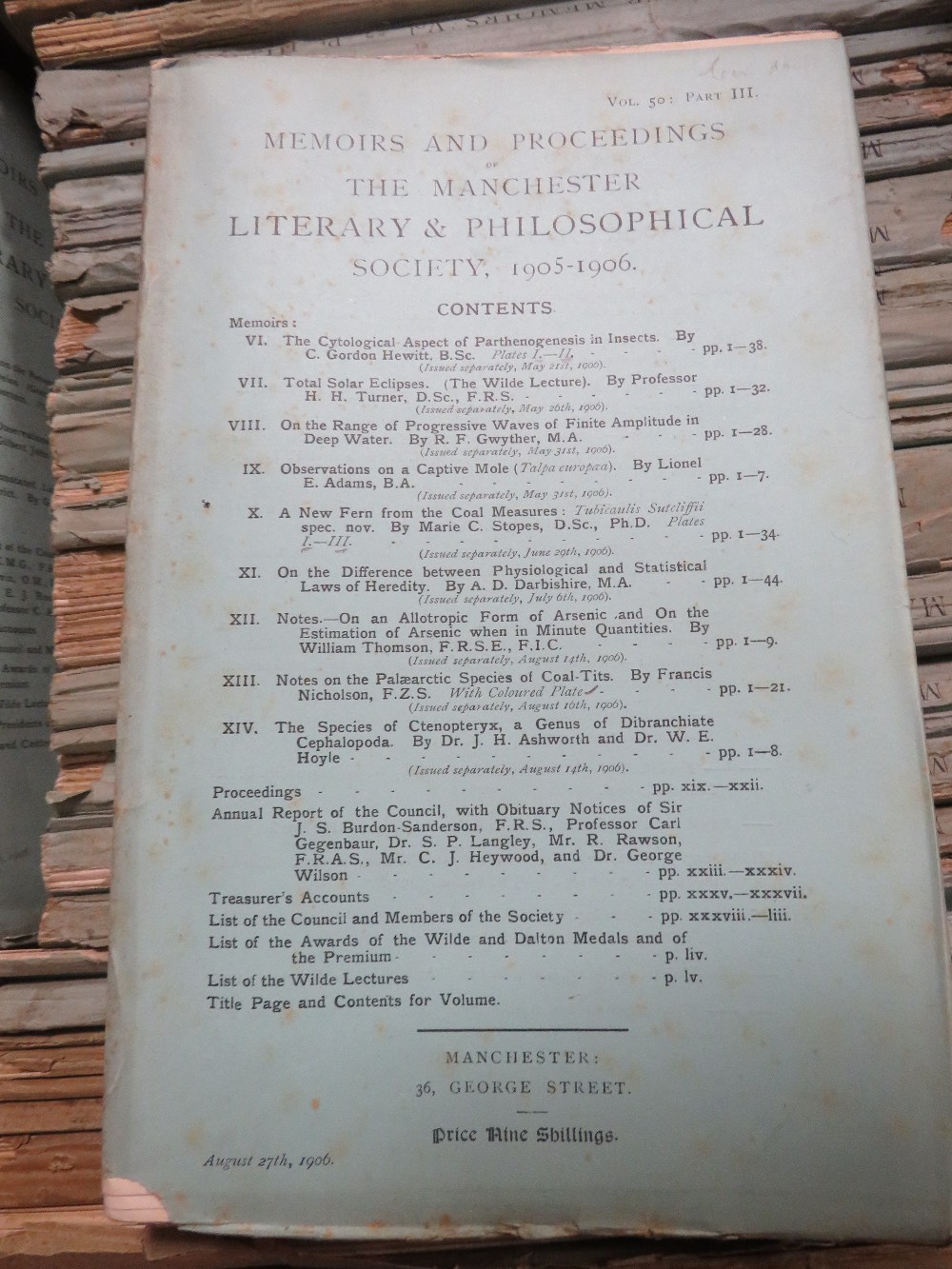 A TRAY CONTAINING MANCHESTER LITERARY AND PHILOSOPHICAL SOCIETY 38 VOLUMES 1890'S -1913 - Image 3 of 5