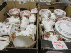 TWO TRAYS OF ROYAL ALBERT TEA WARE AND DINNER WARE TO INCLUDE OLD COUNTRY ROSES AND MOSS ROSE