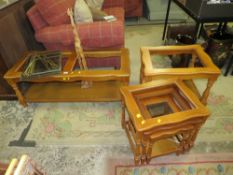 A MODERN GLASS TOPPED COFFEE TABLE, LAMP TABLE AND NEST OF TABLES TOGETHER WITH A GIRAFFE