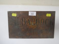 A VINTAGE BRASS PLAQUE 'E.H. BALDOCK, SURGEON'