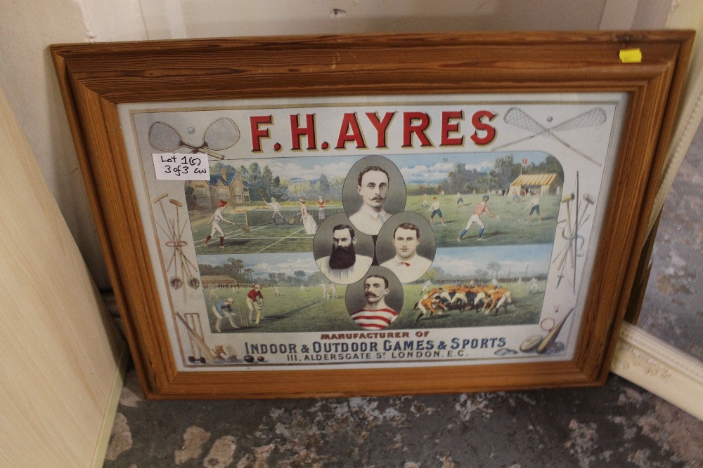 A LARGE CREAM MIRROR TOGETHER WITH TWO FRAMED ADVERTISING PRINTS (3) - Image 2 of 3