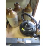 THREE WOLVERHAMPTON ADVERTISING STONE WARE FLAGONS TOGETHER WITH A STOVE TOP KETTLE