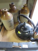 THREE WOLVERHAMPTON ADVERTISING STONE WARE FLAGONS TOGETHER WITH A STOVE TOP KETTLE
