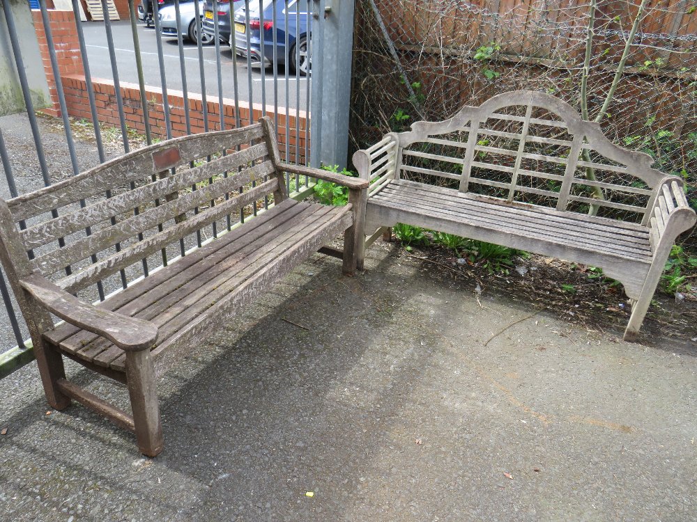 TWO HARDWOOD GARDEN BENCHES, ONE IN THE LUTYENS STYLE A/F