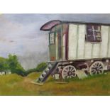 A 20TH CENTURY OIL ON BOARD OF A GYPSY CARAVAN WITH A PORTRAIT STUDY VERSO