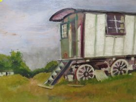A 20TH CENTURY OIL ON BOARD OF A GYPSY CARAVAN WITH A PORTRAIT STUDY VERSO