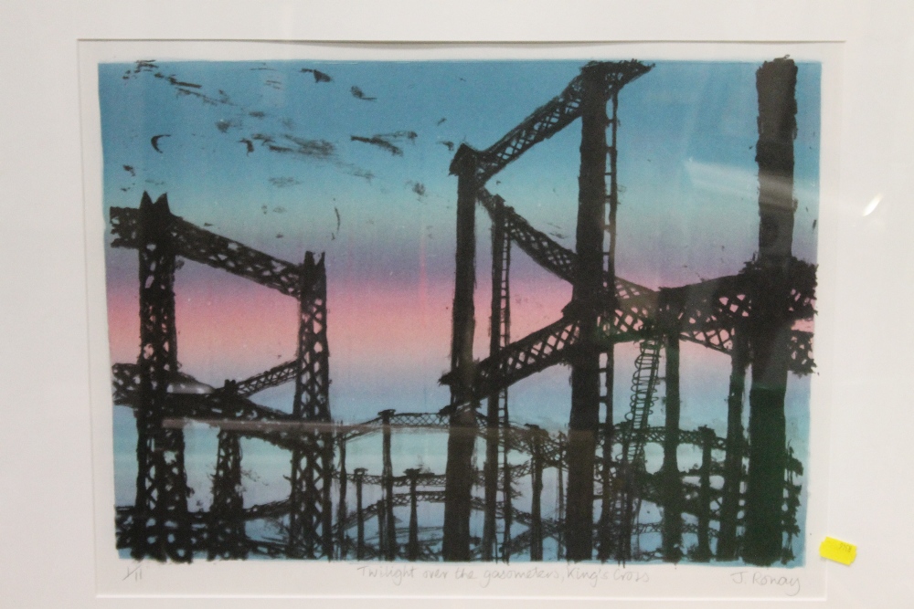 J. RONAY - 'TWILIGHT OVER THE GASOMETERS, KINGS CROSS' FRAMED LITHOGRAPH, 37 X 48 CM - Image 2 of 3