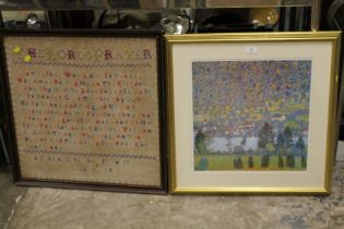 A LARGE FRAMED TAPESTRY / SAMPLER DATED 1930 AND A GUSTAV KLIMT PRINT (2)