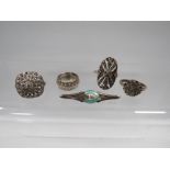 TWO LARGE ART-DECO SILVER MARCASITE RINGS TOGETHER WITH TWO OTHERS