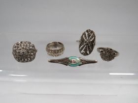 TWO LARGE ART-DECO SILVER MARCASITE RINGS TOGETHER WITH TWO OTHERS