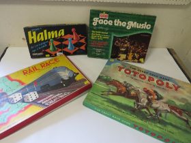 FOUR VINTAGE BOXED GAMES TOTOPOLY, RAILRACE, FACE THE MUSIC AND HALMA