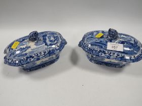 A PAIR OF SMALL COPELANDS SPODE ITALIAN BLUE/WHITE LIDDED TUREENS