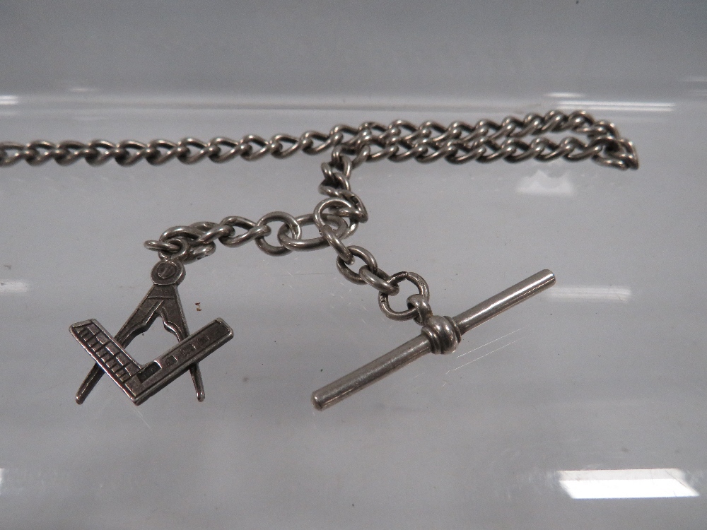 AN HALLMARKED SILVER GENTS POCKET WATCH ALBERT CHAIN WITH MASONIC FOB - Image 2 of 3