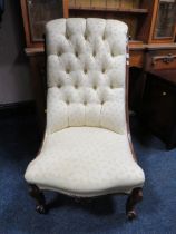 AN ANTIQUE ROSEWOOD UPHOLSTERED SLIPPER CHAIR