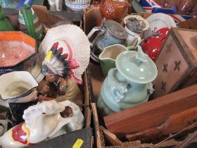 TWO TRAYS OF ASSORTED CERAMICS TO INCLUDE REPRODUCTION STAFFORDSHIRE STYLE FIGURES ETC