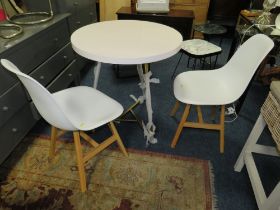 A MODERN CIRCULAR WHITE TABLE WITH TWO CHAIRS PLUS TWO STOOLS