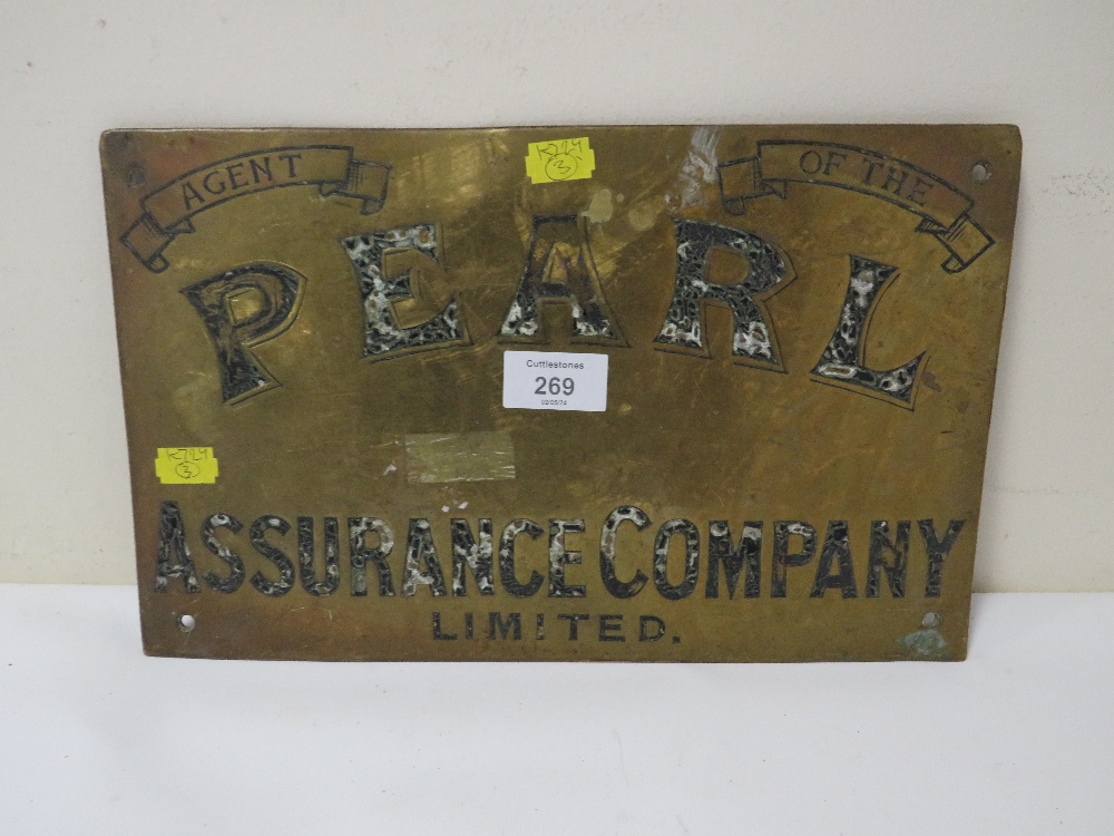 A VINTAGE BRASS PLAQUE 'AGENT FOR PEARL ASSURANCE CO. LTD'