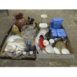 TWO TRAYS OF ASSORTED CERAMICS & GLASSWARE TO INCLUDE POOLE DELPHIS SMALL DISH, ZOLNAY PECS VASE,