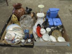 TWO TRAYS OF ASSORTED CERAMICS & GLASSWARE TO INCLUDE POOLE DELPHIS SMALL DISH, ZOLNAY PECS VASE,
