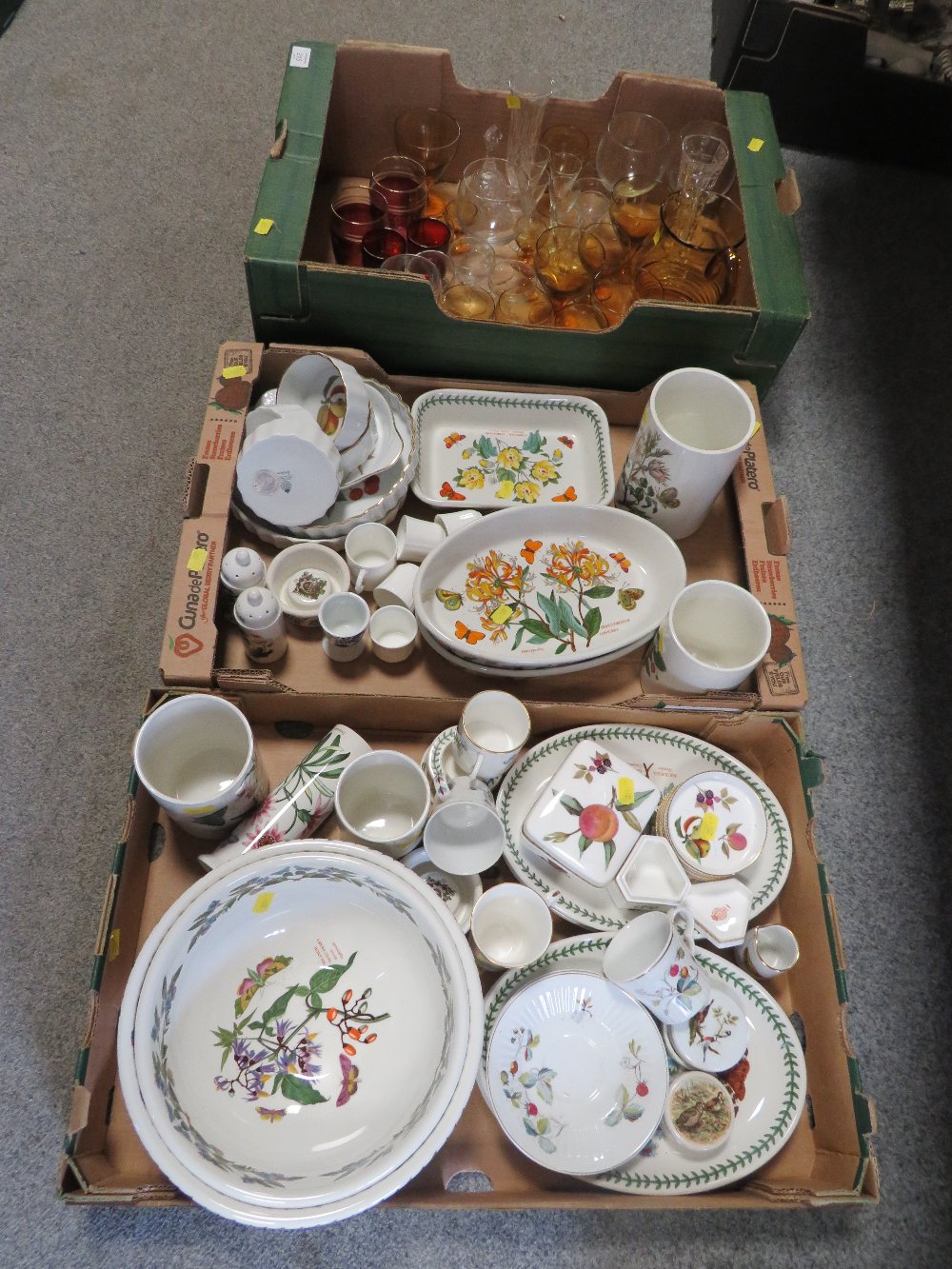 TWO TRAYS OF MOSTLY PORTMEIRION TOGETHER WITH A TRAY OF GLASSWARE
