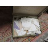 A GREEN CABIN TRUNK CONTAINING A LARGE QUANTITY OF NEEDLE WORK AND LINEN