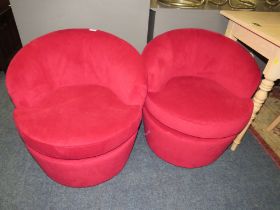 A PAIR OF MODERN RED DECO STYLE UPHOLSTERED BEDROOM CHAIRS