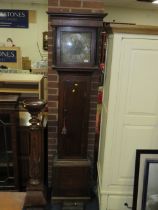 AN ANTIQUE OAK BRASS FACED LONGCASE CLOCK BY THOMAS VERNON OF LUDLOW - WITH EIGHT DAY MOVEMENT -
