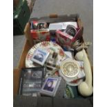 A TRAY OF VINTAGE COLLECTABLE'S INCLUDE PLAYBOY BOXED ITEMS, ROYAL ALBERT TELEPHONE AND PLATE, BOXED
