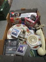 A TRAY OF VINTAGE COLLECTABLE'S INCLUDE PLAYBOY BOXED ITEMS, ROYAL ALBERT TELEPHONE AND PLATE, BOXED