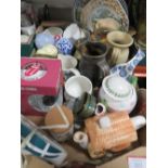 TWO TRAYS OF ASSORTED CERAMICS TO INCLUDE TEA POTS, CHEESE DISH ETC