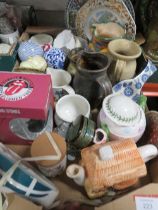 TWO TRAYS OF ASSORTED CERAMICS TO INCLUDE TEA POTS, CHEESE DISH ETC