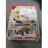 TWO BOXES OF MECCANO ITEMS INCLUDING MANUALS ETC