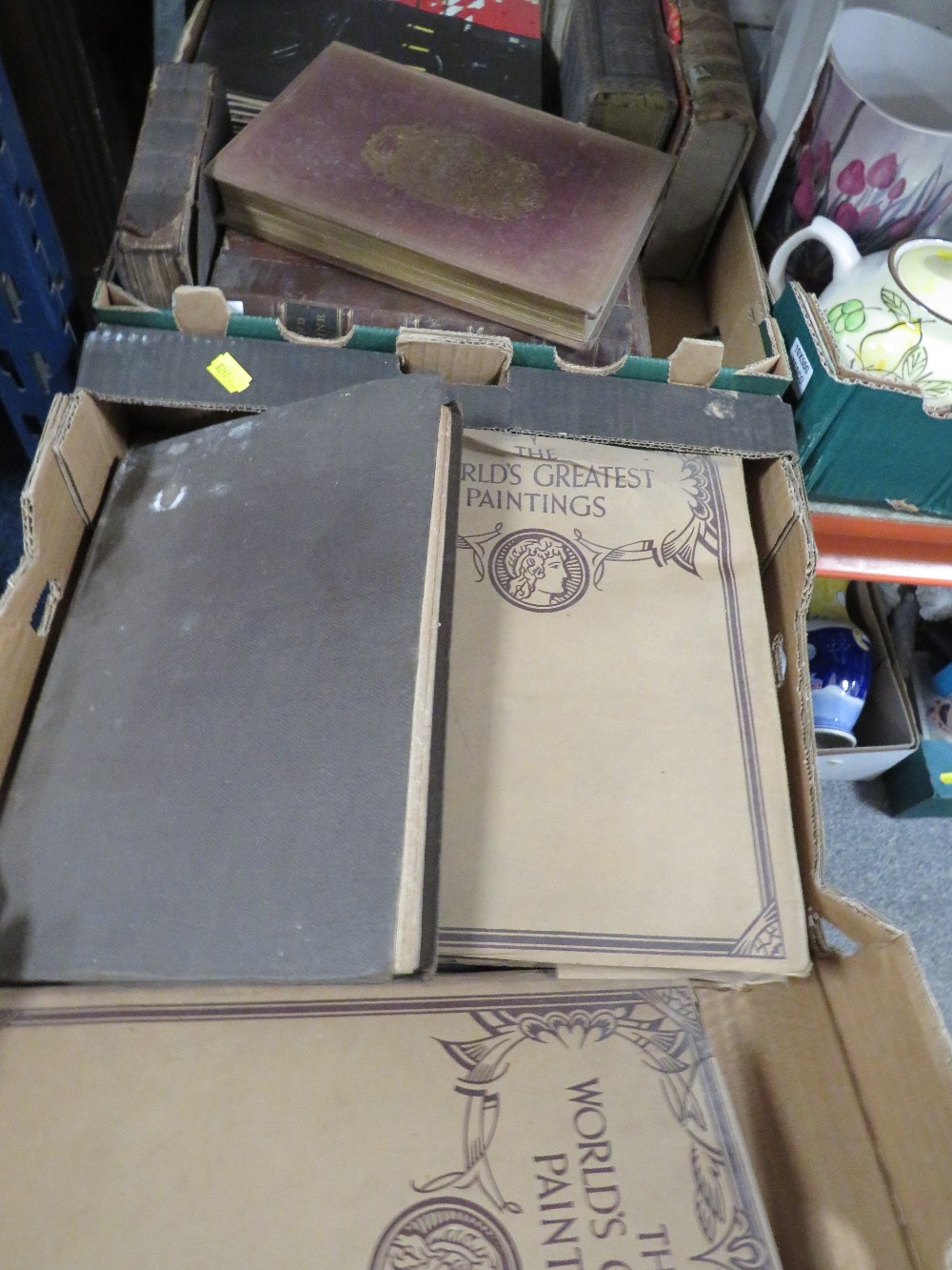 TWO TRAYS OF ANTIQUE BOOKS ETC TO THE INCLUDE THE WORLDS GREATEST PAINTINGS