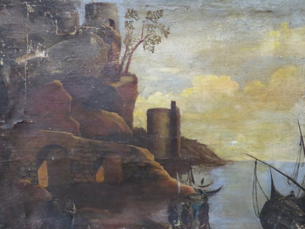 AN 18TH/19TH CENTURY OIL ON CANVAS CONTINENTAL SCHOOL COASTAL SCENE WITH BUILDINGS, BOATS AND