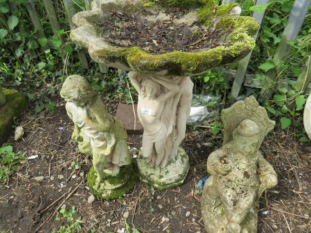 THREE CONCRETE GARDEN STATUES TO INCLUDE A BIRD BATH