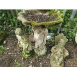 THREE CONCRETE GARDEN STATUES TO INCLUDE A BIRD BATH