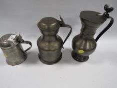 THREE LIDDED PEWTER TANKARDS