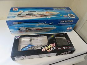 A BOXED RADIO CONTROL HIGH SPEED RACING BOAT PLUS A BOXED RADIO CONTROLLED HELICOPTER (2)